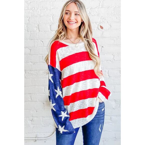And The Why American Flag Pattern Long Sleeves Oversized Pullover Sweater | Red - Picture 5 of 9